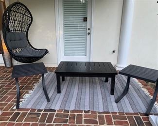 Arhaus Stuart 44 inch Coffee Table & 2 Arhaus Montego Side Tables 20" W X 20" D X 22" H Arhaus Hanging Chair