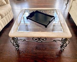 glass iron and marble coffee table and end tables