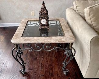 glass iron and marble coffee table and end tables
