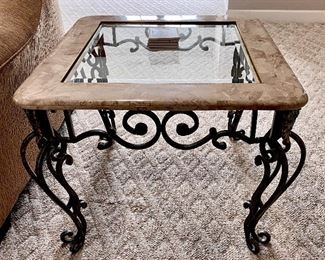 glass iron and marble coffee table and end tables