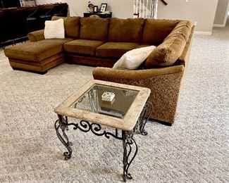 brown sectional sofa, couch glass iron and marble coffee table and end tables