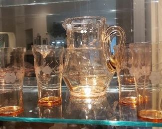 pink glassware, pitcher and glasses