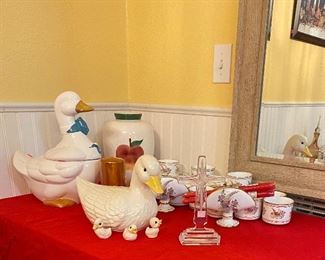 Ceramic Momma Duck with Baby Ducks, Ceramic Goose, Greek Hand Painted China, Apple Vase