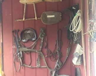 Lots of yokes, old shovels, harness -barrels galore-roping rope