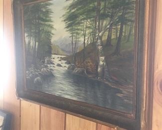 naive oil on board painting with bat wing frame