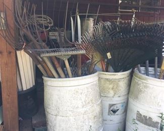 LOTS of hay forces, manure forks, rakes, yards tools-ancient and modern