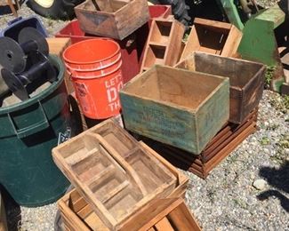 Lots of old boxes incl/ high explosive ones-old tool caddies and berry boxes