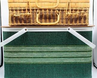 2 Vintage Picnic Baskets - Green Woven and Wicker