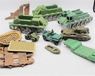 1950s - 1960s Box Full of Vintage Army Tanks, Diecast Dinkys Toys Scout Car #673 Made in England and Accessories