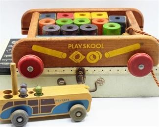 Mid Century Toys - Playskool Pull Toy, Box full of Tinker Toys and Wood Car