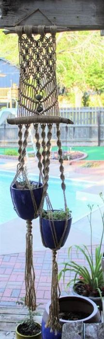 Vintage Extra Large Double Macrame Plant Hanger with Driftwood and Beads 81" Long