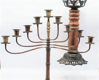 Brass Candelabra and Wood with Metal Candle Holder