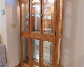Pulaski Furniture Oak Lighted Curio Cabinet - 44"x12"x76", 4 Doors, Glass Shelves