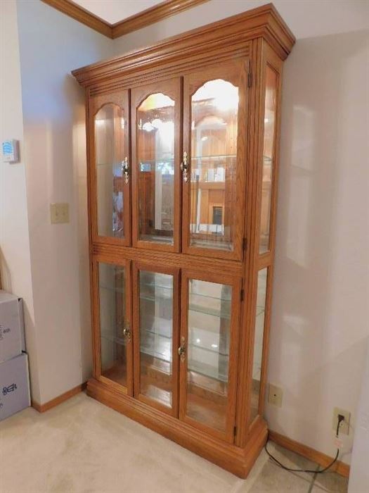 Pulaski Furniture Oak Lighted Curio Cabinet - 44"x12"x76", 4 Doors, Glass Shelves