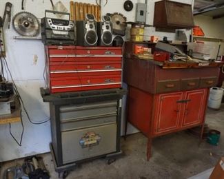 #9-- Tool boxes, tool carts, storage cabinet, lathe tools behind the radio