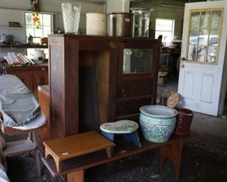 #13-- Old oak chifforobe, foot stool, bench, small child's stool, large garden pot, brown stoneware flower pot, 2 stoneware crocks, glass vases