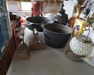 #7 cast iron bean pot, flat irons, 3 legged chicken fryer, cast iron lantern, decorative candle votive