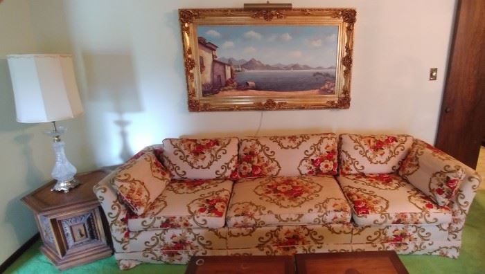Floral Sofa 99" by 33" by 26" Asking $150.00, little wear on one arm. Large Oil Painting in Gilt Frame Signed by J Meyer 58" by 35" Asking $795.00, Side Table 24" by 19.5" Asking $50.00, Pair of Crystal Lamps 7" by 40" Asking $99.00 for the pair, Lamps need new shades