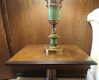 (2) Wood Side Tables 20" by 17" Asking $89.00 for the pair, (2) Green and Brass Lamps Asking $99.00 for the pair. Lamps need new shades
