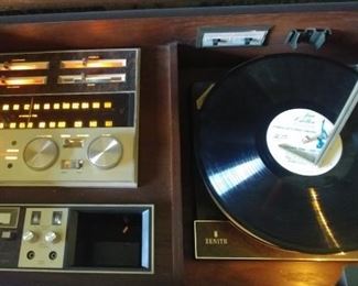 Zenith Stereophonic Turntable, Cassette Player, and AM/FM Radio Solid State Console 63" by 18.5" by 27" Asking $150.00 Zenith powers up and radio and cassette player works. Could not figure out how to turn on turntable, it probably does work.