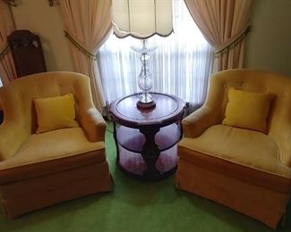 2 Yellow occasional chairs Asking $125.00 for the pair, little staining but should clean up. Round side table (SOLD) Asking $25.00, bottom shelf has water damage, (2) Pair of Crystal Lamps 7" by 40" Asking $99.00 for the pair, Lamps need new shades.