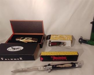 6. American Mint Falkner Bear Pocket Knife in Wood Box Asking $45.00 (left), Tomahawk Brand Gator Croc Lockback Dagger with Box Asking $19.00 (front), Frost Cutlery Knife Asking $19.00 (back), (2) Green Lockback Dagger Asking $9.00 Each (right)