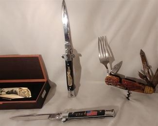 7. American Mint Falkner Pocket Knife Eagle with Wood Box Asking $45.00 (SOLD)(left), Tomahawk Brand USA Lockback Dagger Knife Asking $15.00 (front), Tomahawk Brand Gator Croc Lockback Dagger Knife Asking $15.00 (back), Large Vintage Hobo Camping Knife Asking $45.00 (SOLD) (right)