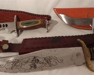 8. Large Crocodile Bowie Knife with Sheath Asking $159.00 (left), Large Chipaway Bowie Knife with Sheath Asking $75.00 (front), Bowie Knife with Wood Handle with Sheath Asking $55.00 (right)
