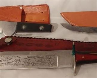 9. Tru-Bal Bowie Knife with Sheath Asking $175.00 (left), Large Bowie Knife Civil War Replica Land of Freedom Patriots Self Defenders Volunteers Protected by Her Brave with Sheath Asking $299.00 (front), Bowie Knife with Wood Handle with Sheath Asking $55.00 (right)