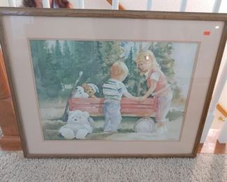 children with wagon watercolor