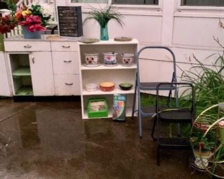 White wood shelf (needs cleaning) $10
Brass planter holder $10
Metal cabinet $25