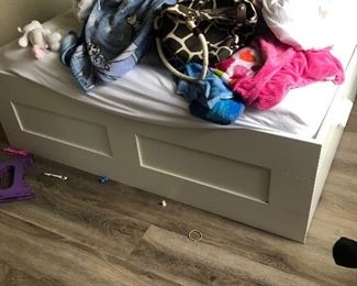 Queen size bed with mattress and 4 large drawers under bed. 