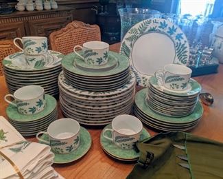 Lynn Chase Fern Fantasy. 12 place setting with chip dip (not pictured), 2 serving bowls (not pictured), 2 large candle holders (not pictured), and napkins 