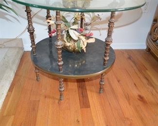$200 both Vintage Brass / Glass Coffee Table with Matching End Table 
3ft Round x 16"H
End Table 26"Round x 21"H
