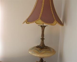 $180 both Antique Large Italian Table Lamps with Shade
52"H with Shade 
Round piece in the middle made of glass
