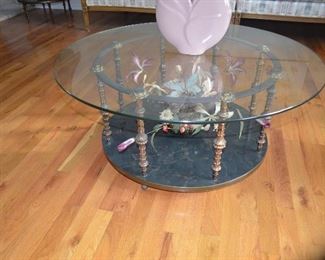$200 both Vintage Brass / Glass Coffee Table with Matching End Table 
3ft Round x 16"H
End Table 26"Round x 21"H
