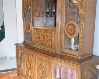$150 Antique Entertainment / Bar / TV / Console Cabinet  74"W x 22"D x Base 32 1/2"H + 43 1/2"H 
Comes in 2 pieces.
Solid Construction. 
Very Well made furniture. 
Speakers on both sides of TV......Can repurpose into Storage Cabinet.
Pull Down Bar Area with inside light.
Inside light on side Console cabinet 
Entertainment TV / Stereo Cabinet with bar. 