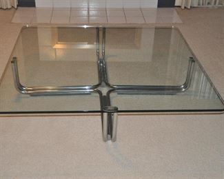 MID CENTURY CHROME AND HEAVY GLASS LOW COFFEE TABLE, 51" x 51" x 12” H. OUR PRICE $895