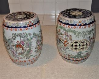 BEAUTIFUL ASIAN CERAMIC GARDEN STOOLS WITH VILLAGE SCENES, MINT GREEN, PINK ROYAL BLUE WITH AN IVORY BACKGROUND! 14”ROUND x 18.5 H. OUR PRICE $225.00 EACH. 
