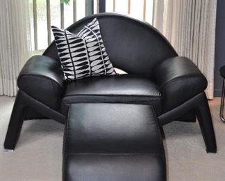 CONTEMPORARY BLACK LEATHER CLUB CHAIR WITH OTTOMAN (2 AVAILABLE), CHAIR: 60"W X 35"D X 33"H, OTTOMAN: 22"W X 26"D X 16"H. OUR PRICE $695.00