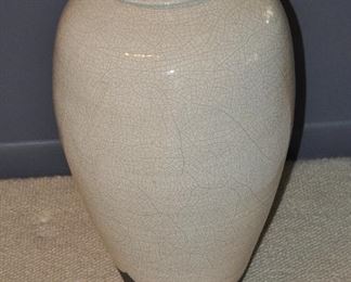 LARGE CRACKLE PORCELAIN ASIAN STYLE DECORATIVE VASE WITH LID, 27”H. OUR PRICE $285.00