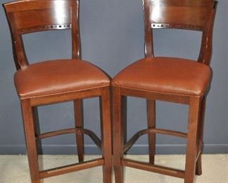 BAR HEIGHT CHERRY BAR STOOLS WITH MOCHA UPHOLSTERED SEATS. OUR PRICE 185.00