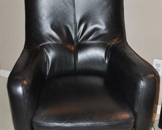 AMAZING BLACK LEATHER LOUNGE CHAIR ON POLISHED CHROME SWIVEL BASE, 32"W X 28"D X 40"H. OUR PRICE $575.00
