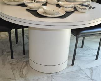 WHITE 48" ROUND FORMICA PEDESTAL DINING TABLE IN EXCELLENT CONDITION. OUR PRICE $350.00