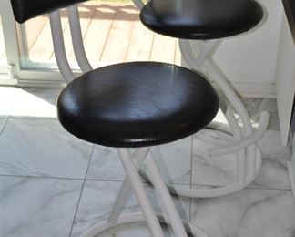 PAIR OF VINTAGE CONTEMPORARY BLACK LEATHER WITH WHITE PAINTED METAL FRAME GEOMETRIC BAR STOOLS, 17"W X 18"D X 37"H, OUR PRICE $295.00
