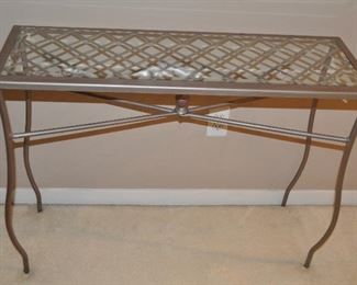 BRUSHED STEEL LIGHTWEIGHT FOYER TABLE WITH LATTICE DESIGN AND GLASS TOP, 36"W X 12"D X 29"H. OUR PRICE $135.00