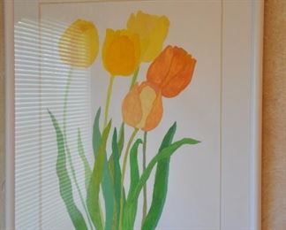 VINTAGE MATTED AND WHITE GLOSS FRAMED, TULIP PRINT SIGNED MS, 30.5" X 38"H. OUR PRICE $95.00