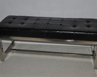 GREAT FAUX BLACK LEATHER TUFTED BENCH WITH POLISHED CHROME BASE (MISSING A FEW BUTTONS), 48"W X 18"D X 18"H. OUR PRICE $125.00 