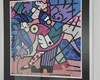 SIGNED ROMERO BRITTO FRAMED AND MATTED "DANCERS" PRINT HAND AND STAMPED SIGNED , 32" X 32" OUR PRICE $425.00