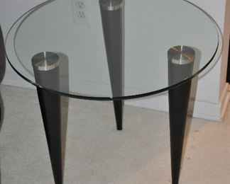 CONTEMPORARY GLASS 24" SIDE TABLE WITH 3  CONE SHAPED LEGS AND CHROME DETAIL. OUR PRICE $265.00